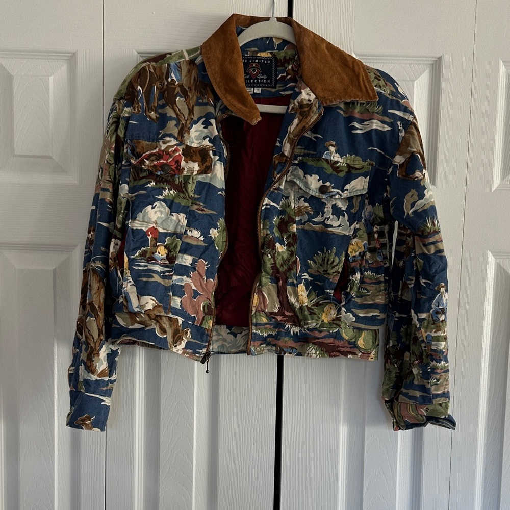 Vintage Limited Scenic Print Cropped Jacket with Corduroy Collar